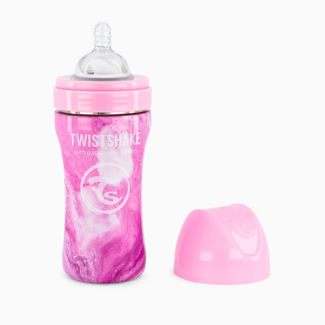Biberón Acero Anticólico 330ml Estampado Mármol Rosa Twistshake