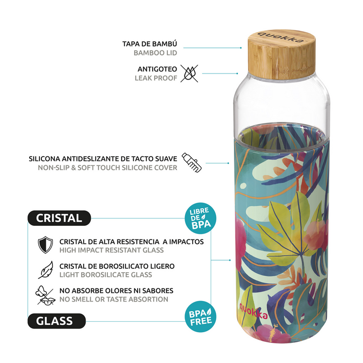 QUOKKA BOTELLA CRISTAL REDONDA CON FUNDA TROPICAL 660 ML - Farmashopping